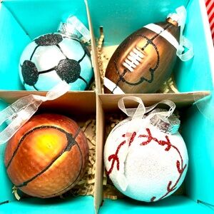 4 Christmas Glass Sports Ball Ornaments Baseball Football Basketball Soccer
